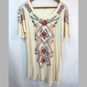 Caite, Johnny Was, Boat Neck, Embroidered, Off-White Tshirt Dress, Size S